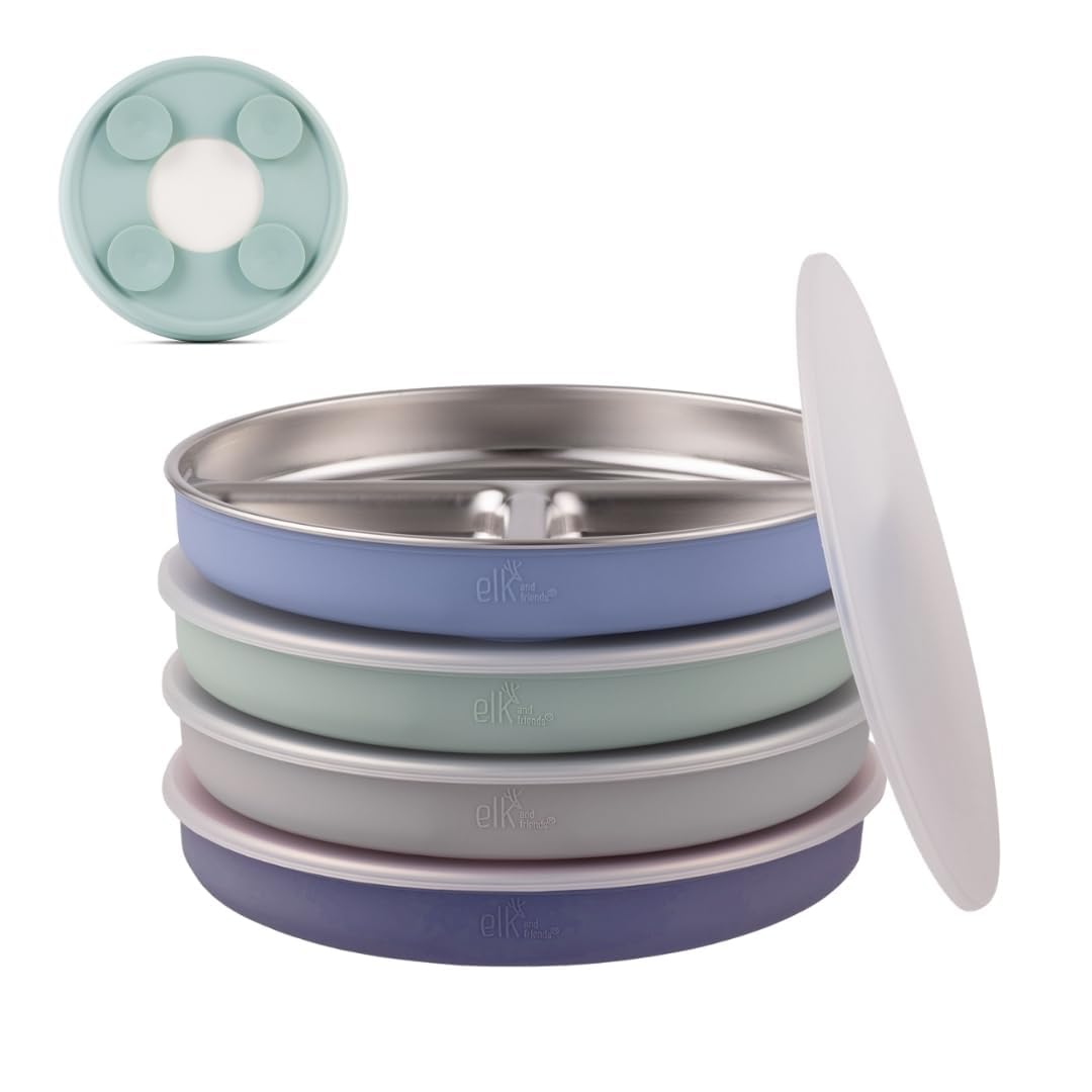 Elk and Friends Kids Stainless Steel Divided Plates with Silicone Suction Sleeves | Lids Included | Suitable for Babies/Toddlers | Dishwasher Safe | Stay Put Dinnerware | Snack Dishes | 4 Pack
