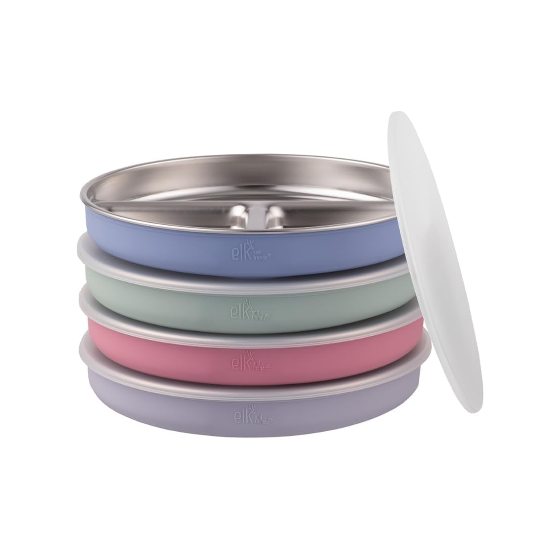 Elk and Friends Kids Stainless Steel Divided Plates with Silicone Suction Sleeves | Lids Included | Suitable for Babies/Toddlers | Dishwasher Safe | Stay Put Dinnerware | Snack Dishes | 4 Pack