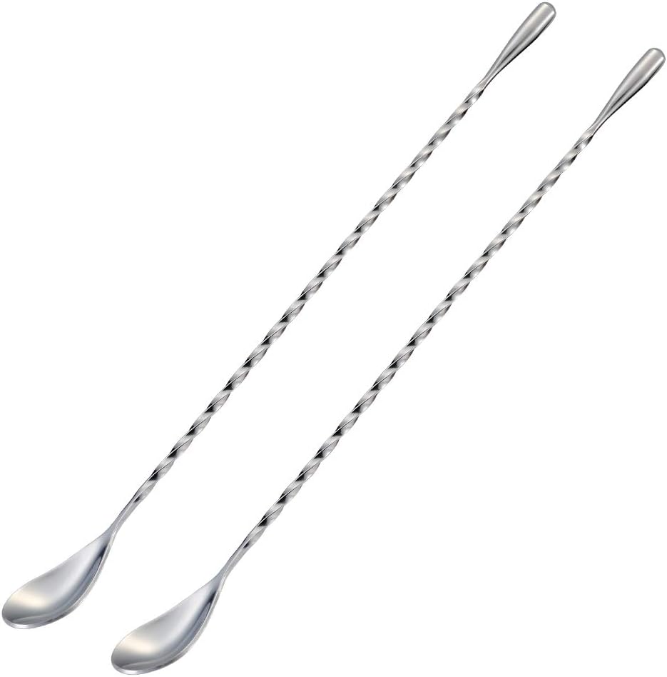 Bar Spoon Cocktail Mixing Stirrers, 2Pcs, 12” Long Handle, Silver | 18/8 Stainless Steel, Long Drink Spoons, for Stirring Coffee & Cocktails