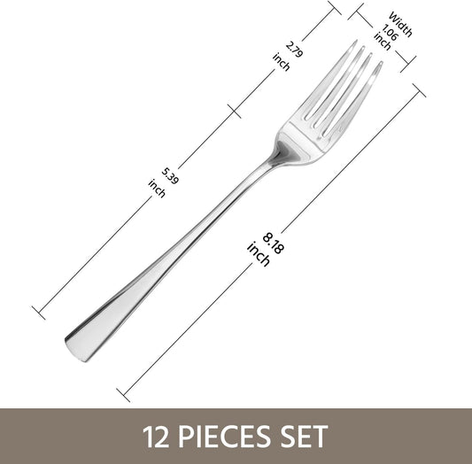 Forks 12 Piece Dinner Forks Set, 18/10 Stainless Steel, 8.18 Inch | Food Grade Metal Forks, Mirror Polished, Dishwasher Safe, Rust Resistant, for Home Kitchen, Weddings, Parties & Restaurants