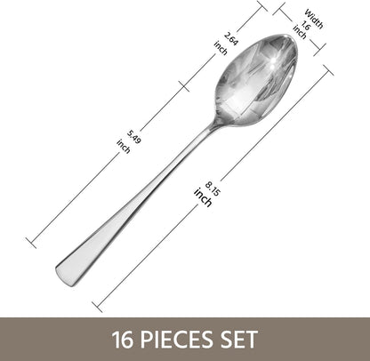 16 Piece Dinner Spoons Set, 18/10 Stainless Steel Spoons | 8.15 Inch, Food Grade, Mirror Polished, Dishwasher Safe, Rust Resistant, for Home Kitchen, Weddings, Parties & Restaurants