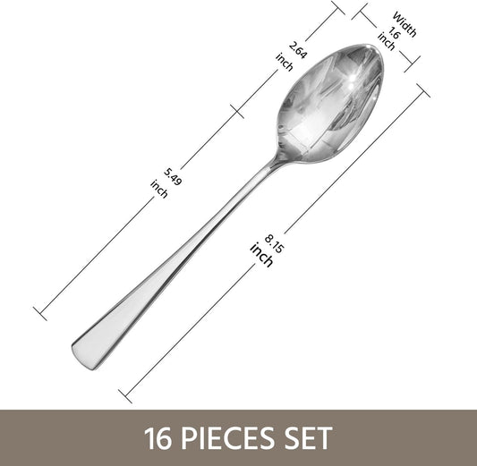 16 Piece Dinner Spoons Set, 18/10 Stainless Steel Spoons | 8.15 Inch, Food Grade, Mirror Polished, Dishwasher Safe, Rust Resistant, for Home Kitchen, Weddings, Parties & Restaurants