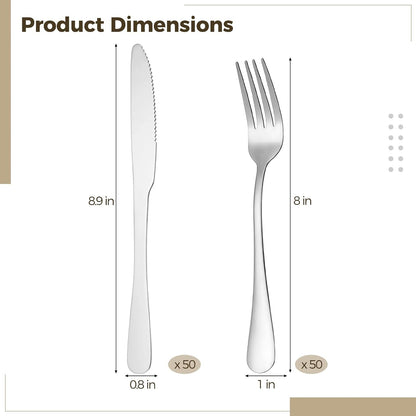 100 Pcs Silverware Set - Includes 50 Forks and 50 Knives - Stainless Steel Forks and Knives Flatware Tableware Cutlery Set for Wedding Dinner Party Restaurant Holiday Party