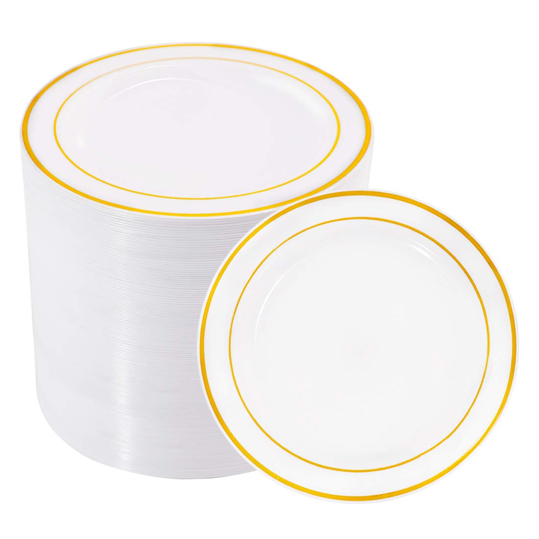bUCLA 100Pieces Gold Plastic Plates - 6.25inch White with Gold Rim Disposable Salad/Dessert/Appetizer/Small Cake Plates Premium Hard - Ideal for Wedding, Party