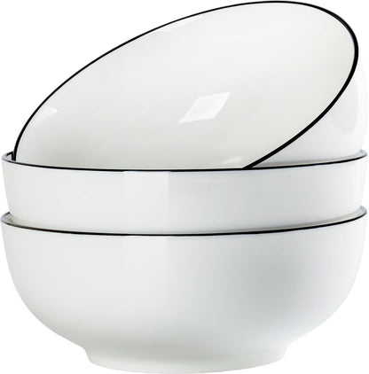 60 oz Large Soup, Ramen, Pho, Noodle, and Salad Bowl Set of 3, 8 in White Ceramic Bowls, Versatile & Microwave Safe