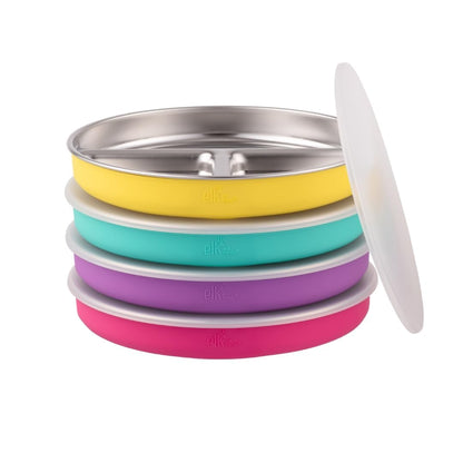 Elk and Friends Kids Stainless Steel Divided Plates with Silicone Suction Sleeves | Lids Included | Suitable for Babies/Toddlers | Dishwasher Safe | Stay Put Dinnerware | Snack Dishes | 4 Pack