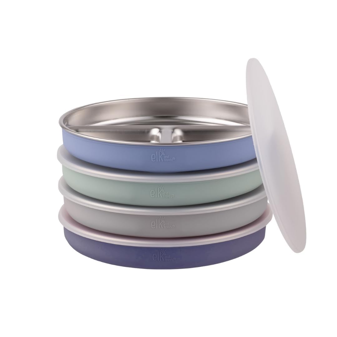 Elk and Friends Kids Stainless Steel Divided Plates with Silicone Suction Sleeves | Lids Included | Suitable for Babies/Toddlers | Dishwasher Safe | Stay Put Dinnerware | Snack Dishes | 4 Pack