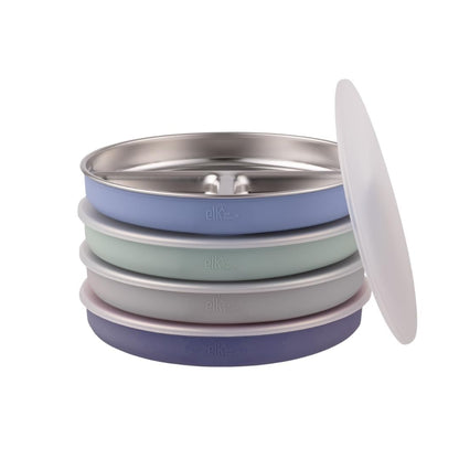 Elk and Friends Kids Stainless Steel Divided Plates with Silicone Suction Sleeves | Lids Included | Suitable for Babies/Toddlers | Dishwasher Safe | Stay Put Dinnerware | Snack Dishes | 4 Pack