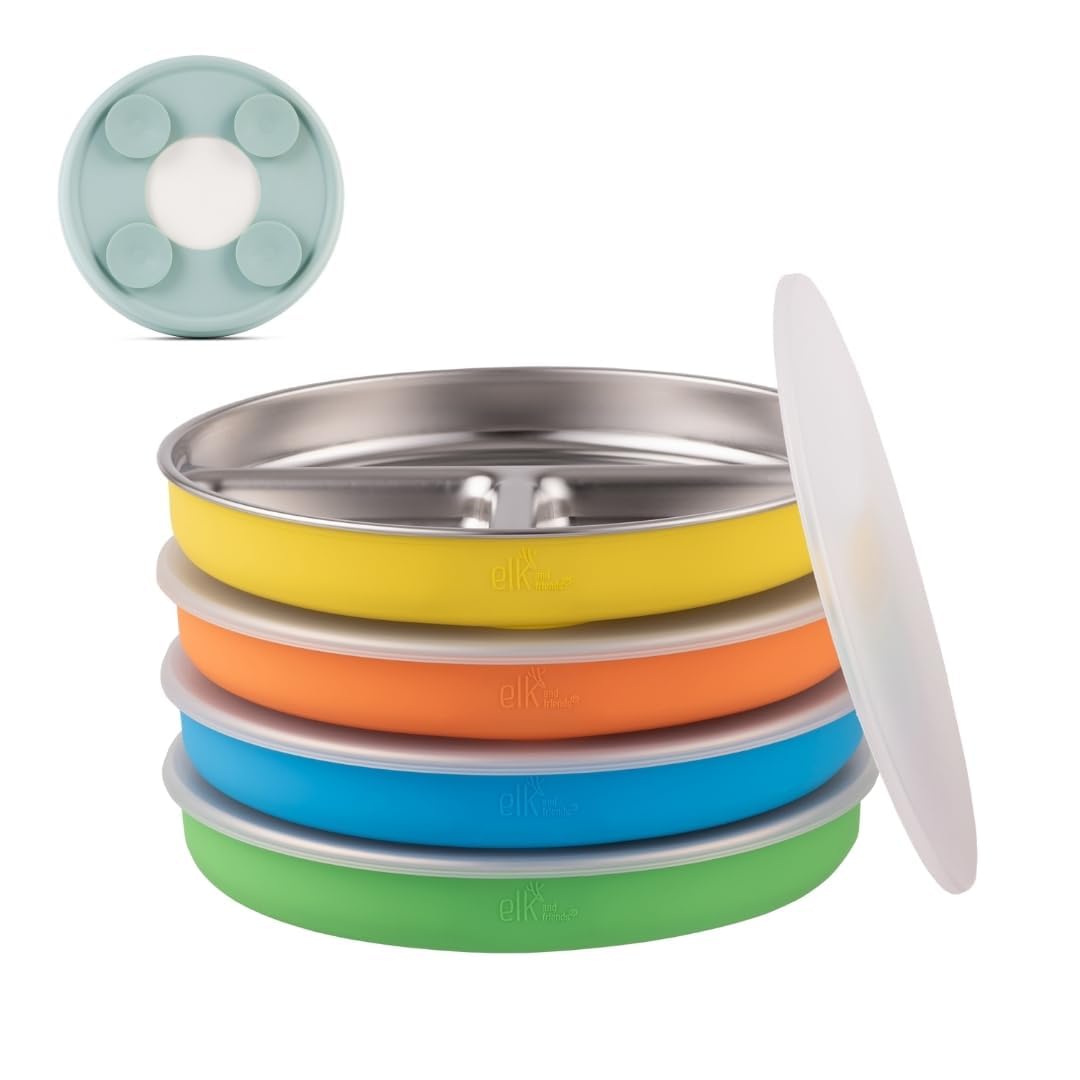 Elk and Friends Kids Stainless Steel Divided Plates with Silicone Suction Sleeves | Lids Included | Suitable for Babies/Toddlers | Dishwasher Safe | Stay Put Dinnerware | Snack Dishes | 4 Pack