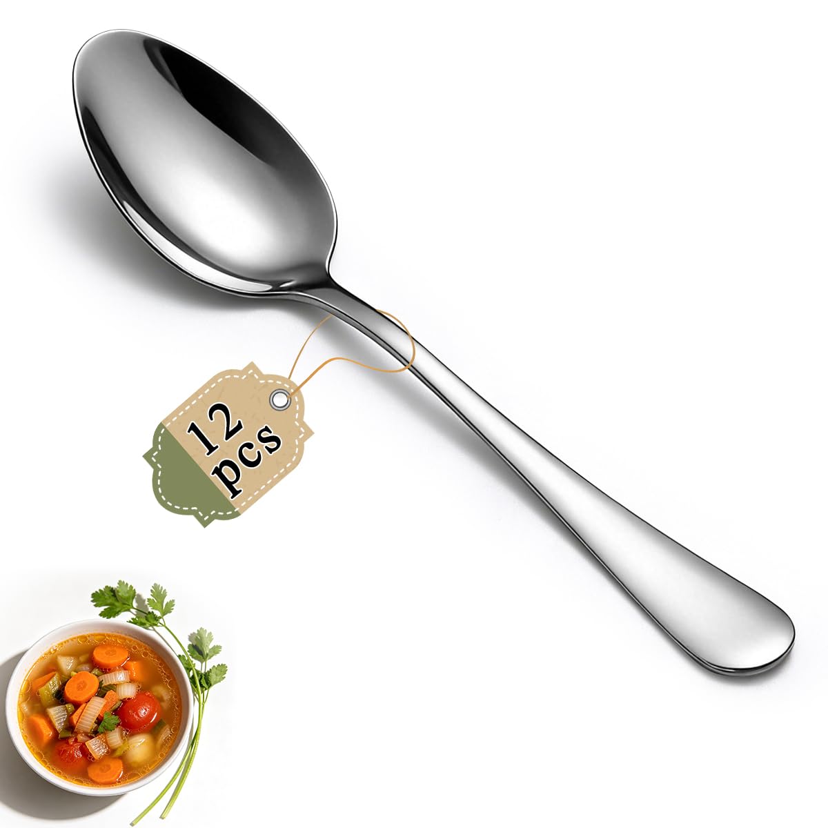 Dinner Spoons Set 12pcs, 7.36" Soup Spoon Berglander Food Grade Stainless Steel Silverware Spoons, Metal Tablespoon for Home, Kitchen or Restaurant Mirror Polished, Dishwasher Safe