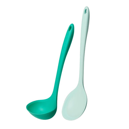 Kitchen Mama DuoEssentials Ladle & Cooking Spoon Set, Metal Gray | Silicone, Heat Resistant, One-Piece Design, For Nonstick Cookware, For Soup, Stirring, Serving & Sauteing