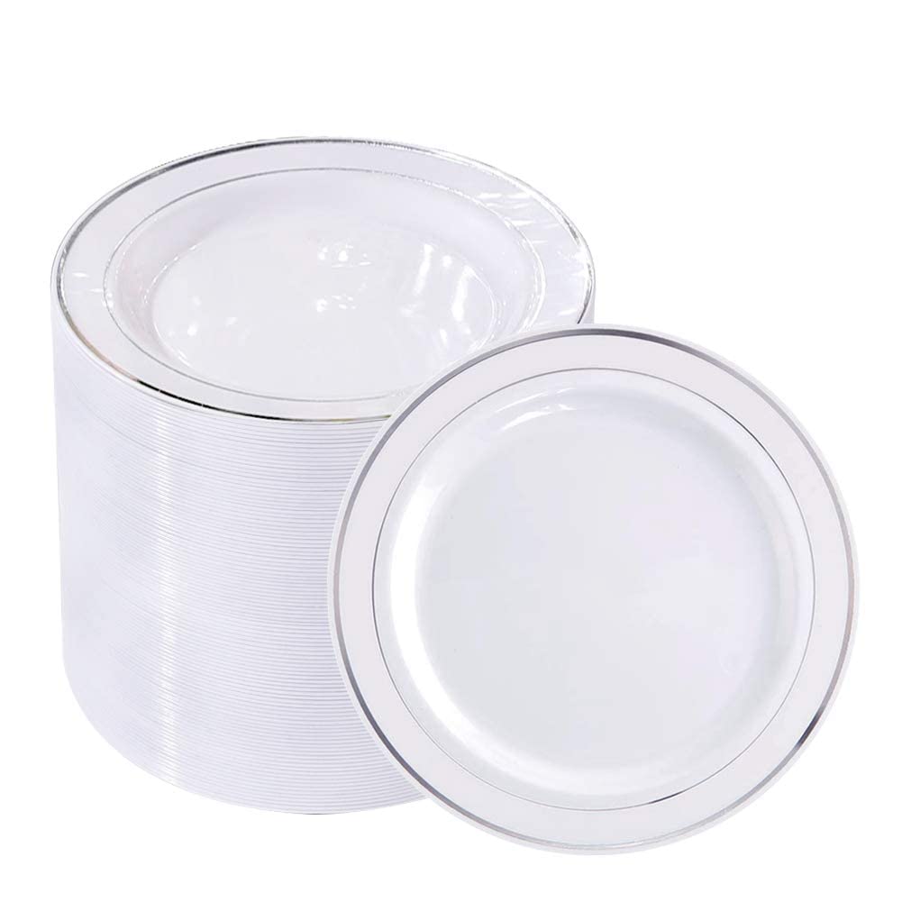 bUCLA 100Pieces Gold Plastic Plates - 6.25inch White with Gold Rim Disposable Salad/Dessert/Appetizer/Small Cake Plates Premium Hard - Ideal for Wedding, Party