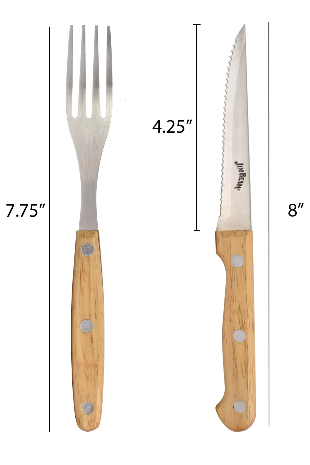 Jim Beam Set of 8 Ideal, Chicken, Pork and More-Steak Knives and Forks Made of Stainless Steel Blade and Contoure, Medium, Light Brown, JB0208