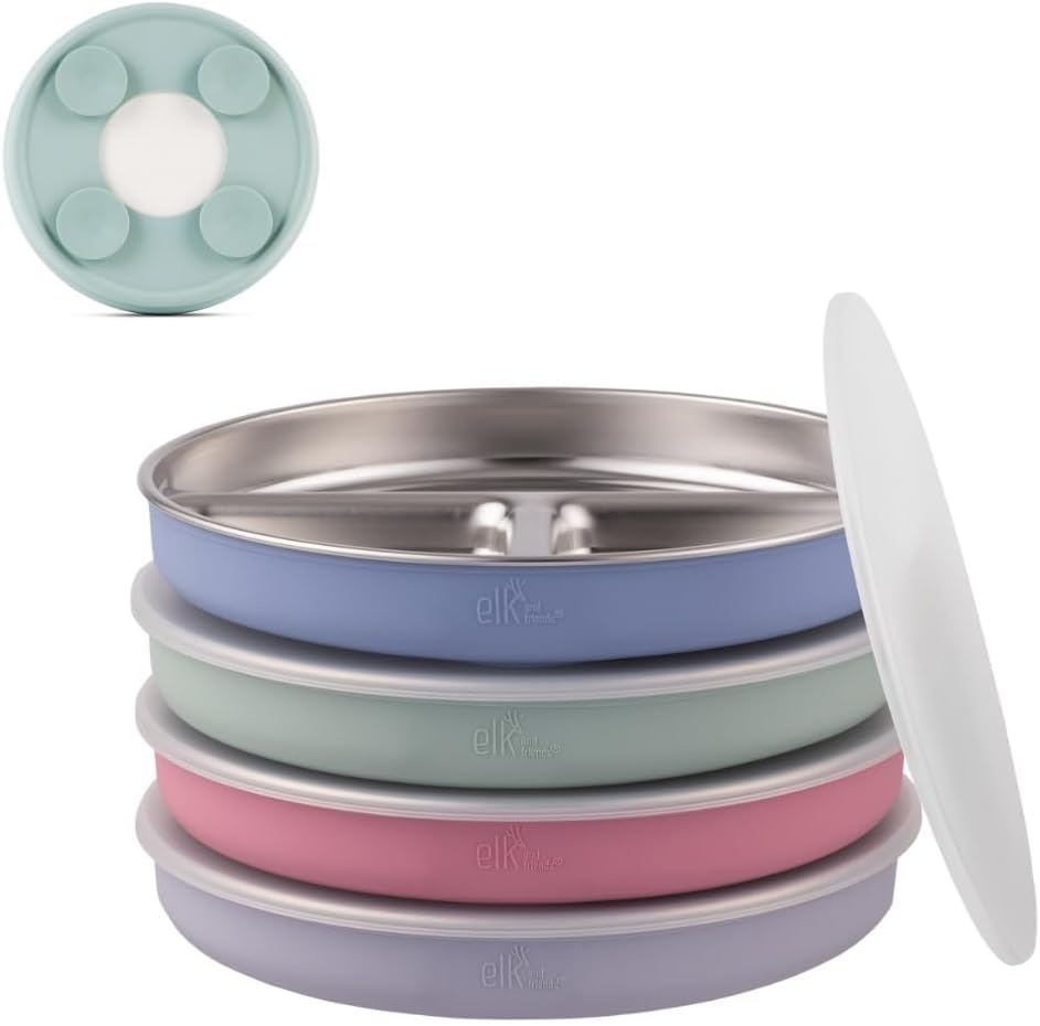 Elk and Friends Kids Stainless Steel Divided Plates with Silicone Suction Sleeves | Lids Included | Suitable for Babies/Toddlers | Dishwasher Safe | Stay Put Dinnerware | Snack Dishes | 4 Pack