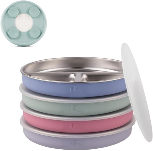 Elk and Friends Kids Stainless Steel Divided Plates with Silicone Suction Sleeves | Lids Included | Suitable for Babies/Toddlers | Dishwasher Safe | Stay Put Dinnerware | Snack Dishes | 4 Pack