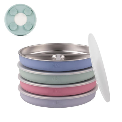 Elk and Friends Kids Stainless Steel Divided Plates with Silicone Suction Sleeves | Lids Included | Suitable for Babies/Toddlers | Dishwasher Safe | Stay Put Dinnerware | Snack Dishes | 4 Pack
