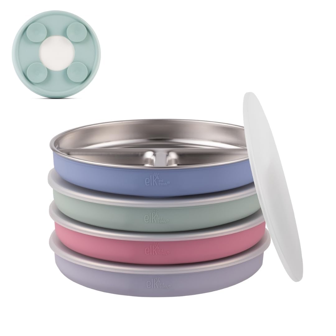 Elk and Friends Kids Stainless Steel Divided Plates with Silicone Suction Sleeves | Lids Included | Suitable for Babies/Toddlers | Dishwasher Safe | Stay Put Dinnerware | Snack Dishes | 4 Pack