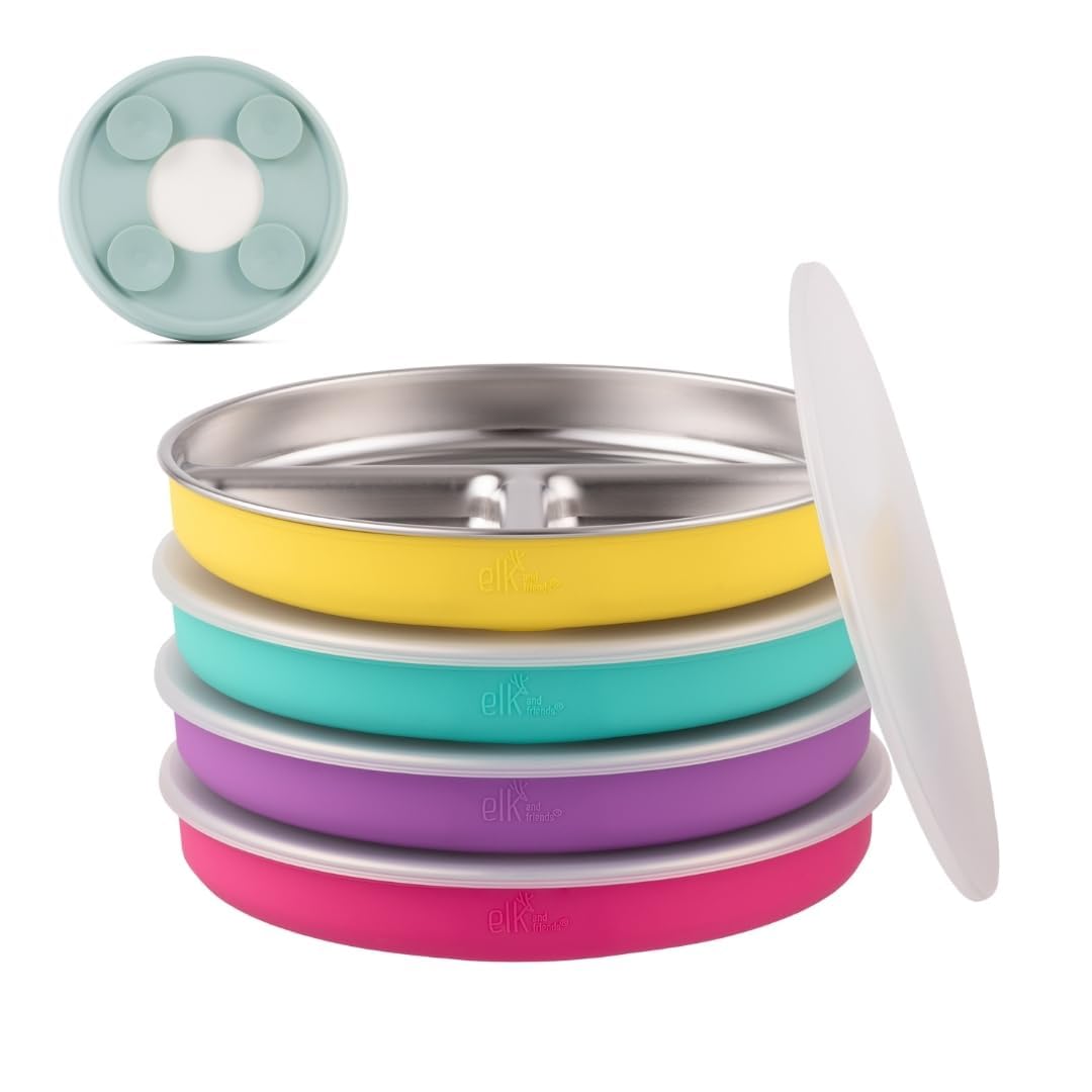 Elk and Friends Kids Stainless Steel Divided Plates with Silicone Suction Sleeves | Lids Included | Suitable for Babies/Toddlers | Dishwasher Safe | Stay Put Dinnerware | Snack Dishes | 4 Pack