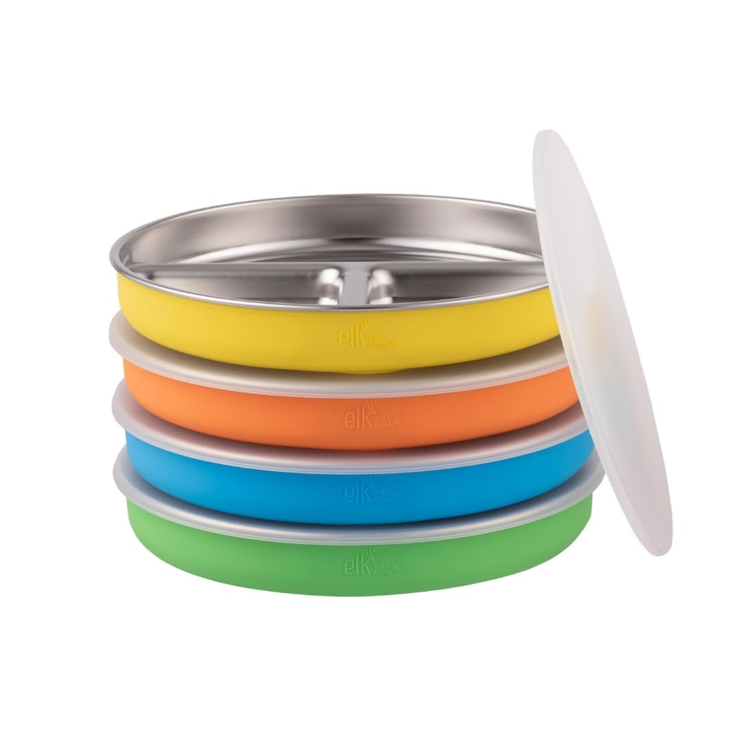 Elk and Friends Kids Stainless Steel Divided Plates with Silicone Suction Sleeves | Lids Included | Suitable for Babies/Toddlers | Dishwasher Safe | Stay Put Dinnerware | Snack Dishes | 4 Pack