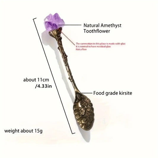 4pcs Mixed Color Retro Cutlery Set - Irregular Lightweight Vintage Carved Coffee Tea Spoons with Natural Raw Amethyst Flower Crystal Tops, Hand-Polished Bohemian Mini Dessert Ice Cream Stirrers, Lucky Home Kitchen Decorative Tableware Gift