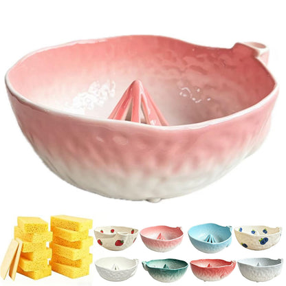 Self Spinning Ceramic Berry Washing Bowl with Drain Holes, 7'' Kitchen Fruit Washer Spinner Bowl with 10pcs Sponges，Blue