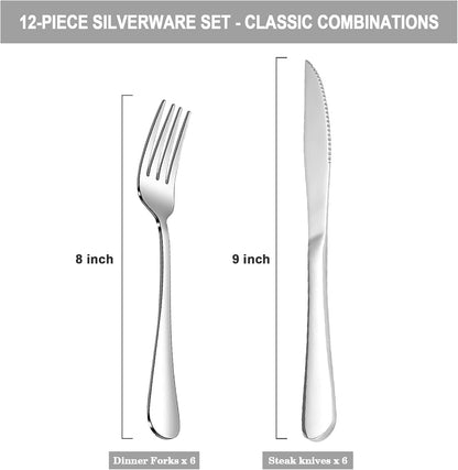 SANTUO 12 Pcs Silverware Set with 6 Steak Knives and 6 Dinner Forks,Flatware Set with Top Food Grade Stainless Steel,Tableware Cutlery Set For Home Restaurant Hotel, Mirror Finish, Dishwasher Safe