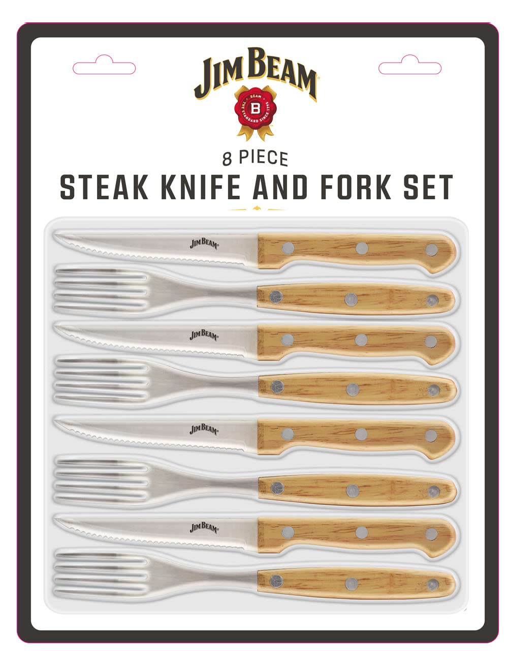 Jim Beam Set of 8 Ideal, Chicken, Pork and More-Steak Knives and Forks Made of Stainless Steel Blade and Contoure, Medium, Light Brown, JB0208