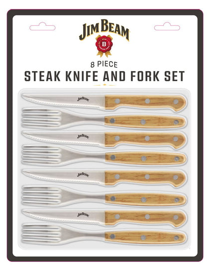 Jim Beam Set of 8 Ideal, Chicken, Pork and More-Steak Knives and Forks Made of Stainless Steel Blade and Contoure, Medium, Light Brown, JB0208