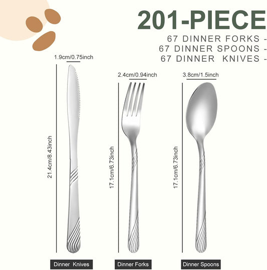 Minatee 201 Pcs Thin Silverware Set Stainless Steel Flatware Sets Service for 67 Silver Cutlery Set Serving Utensils Sits Includes Knife Fork Spoon for Home Kitchen Restaurant Dishwasher Safe
