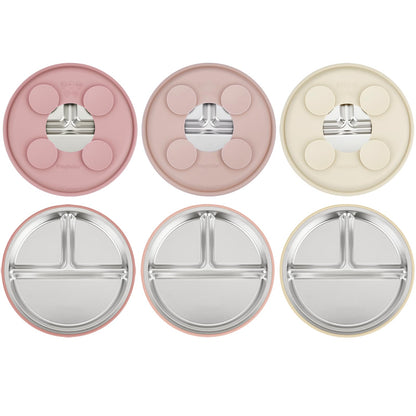 PandaEar 3 Pack Stainless Steel Baby Suction Plates, Divided Toddler Plate for Baby Led Weaning Supplies, Non-Slip Toddler Baby Feeding Set Dishwasher Safe (Blue/Green/Brown)