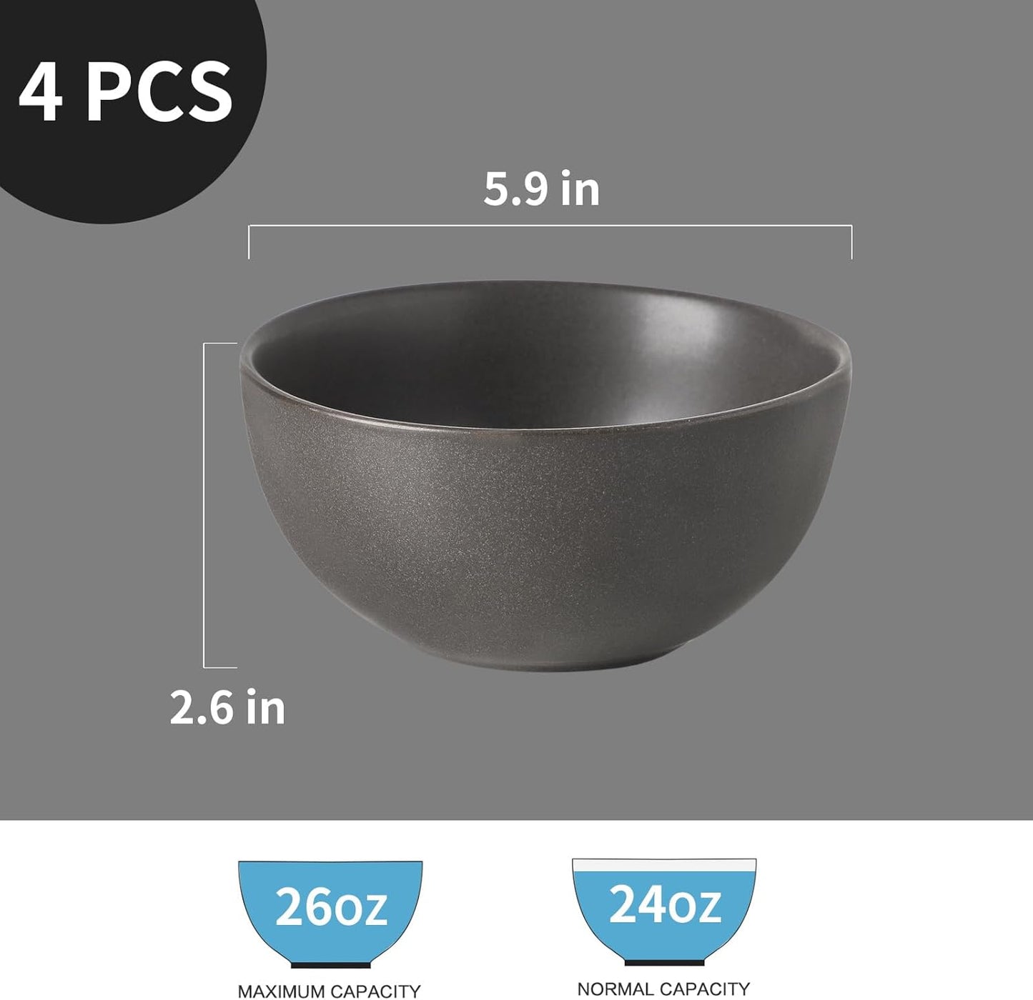 Cereal Bowls, 24 oz Soup Bowls Set of 4, Ceramic Bowls Set for Salad, Fruit, Breakfast, Dessert, Stoneware Bowls for Kitchen, Dishwasher & Microwave Safe, Matte Black