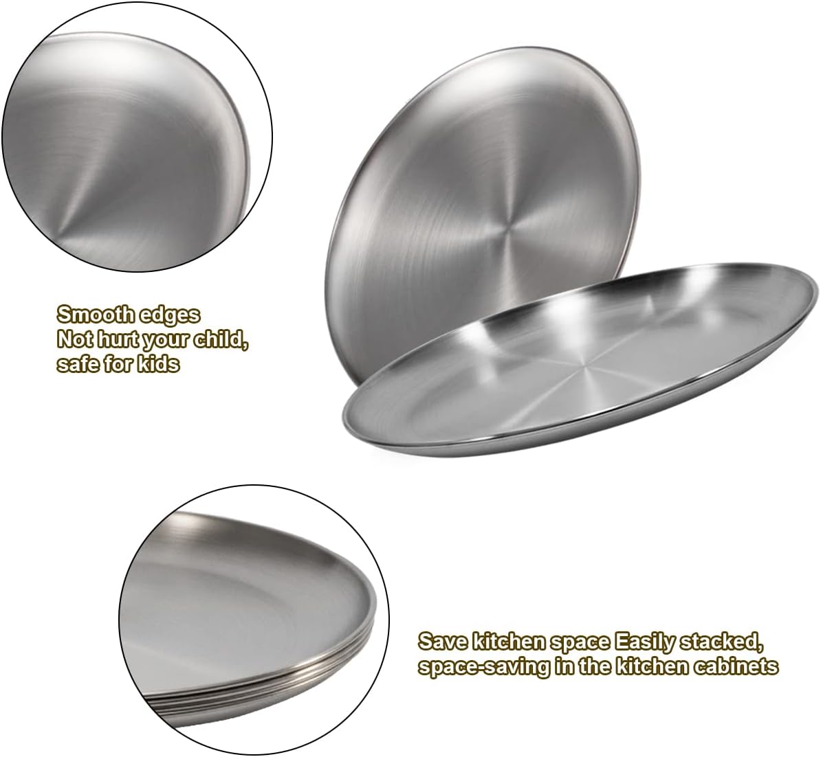 Sumerflos 304 (18/8) Stainless Steel Dinner Plates, 10" Round Salad Plates, Serving Plate for Home Kichten, Outdoor Camping, Snack, Pizza and BBQ - Set of 4