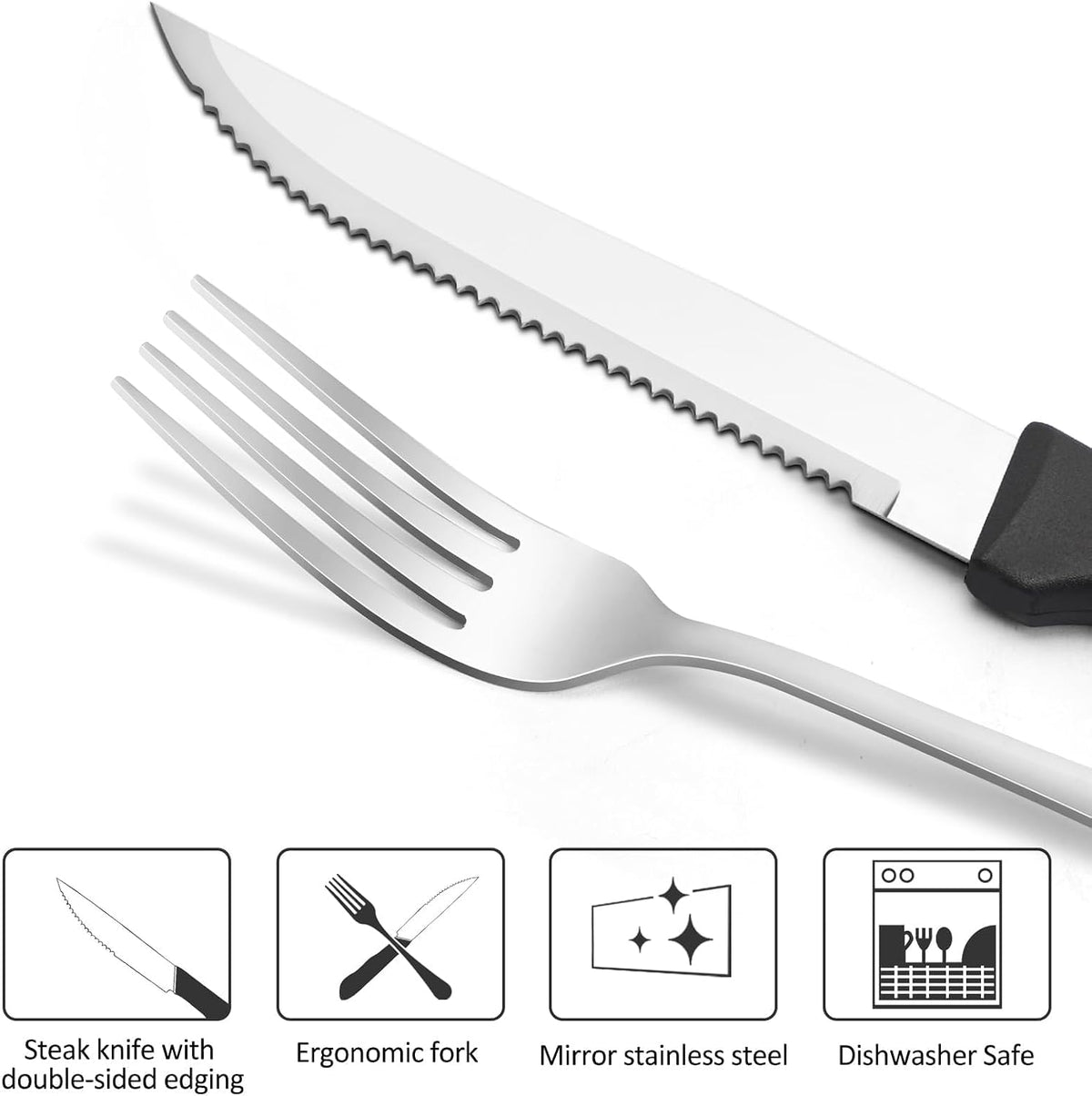 24-Piece Steak Knife and Dinner Forks Set, Stainless Steel Flatware Set, Sharp Steak Knife Set, Rust Resistant & Easy to Maintain, Mirror Finish, Dishwasher Safe