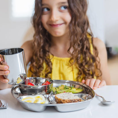 Ahimsa Stainless Steel Kids Dinnerware Set, Classic Stainless, 5-Piece Set | Includes Divided Plate, Cup, Bowl, Fork & Spoon, Pediatrician Designed Toddler Plates, Non-Toxic & BPA Free, Dishwasher Safe