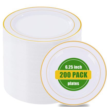 bUCLA 100Pieces Gold Plastic Plates - 6.25inch White with Gold Rim Disposable Salad/Dessert/Appetizer/Small Cake Plates Premium Hard - Ideal for Wedding, Party