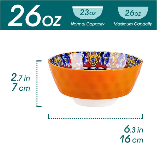 vancasso 26 Oz Ceramic Cereal Bowls Set of 6, Bohemian Soup Salad Bowls | Microwave and Dishwasher Safe, Handcrafted Bohemian Design with Vibrant Glaze, Versatile for Soup, Salad, Pasta, Cereal
