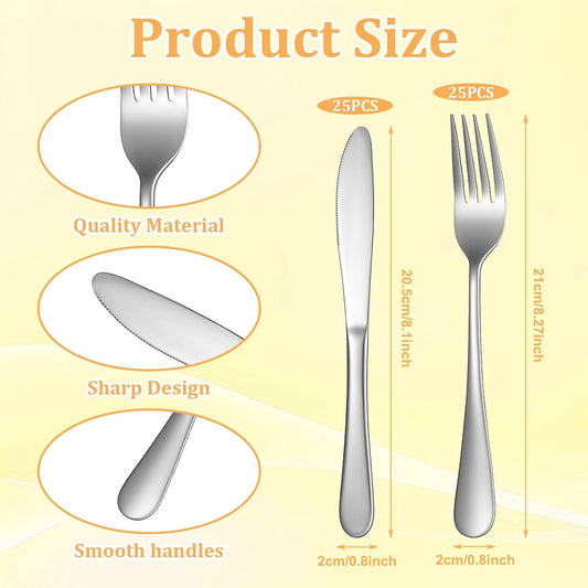 SHENLIU 50 Pieces Stainless Steel Fork and Knife Set, 8 inches Silverware Set with 25 Dinner Knives and 25 Dinner Forks, Dishwasher Safe Tableware Cutlery for Kitchen Restaurant Home