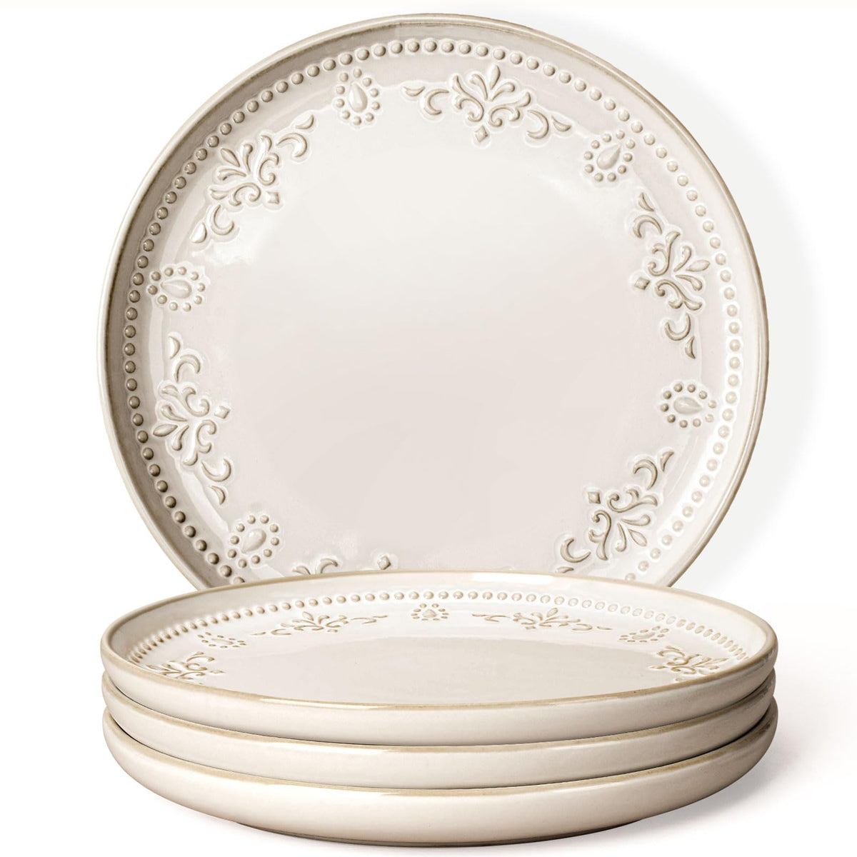 Large Ceramic Dinner Plates Set Of 4, 10.75 Inch Embossed Kitchen Salad Plates, Modern Serving Plates For Restaurant, Plates With Lipped Edges, Microwave Dishwasher Safe (Multiple Patterns)