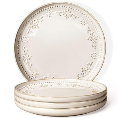 Large Ceramic Dinner Plates Set Of 4, 10.75 Inch Embossed Kitchen Salad Plates, Modern Serving Plates For Restaurant, Plates With Lipped Edges, Microwave Dishwasher Safe (Multiple Patterns)