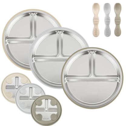 PandaEar 3 Pack Stainless Steel Baby Suction Plates, Divided Toddler Plate for Baby Led Weaning Supplies, Non-Slip Toddler Baby Feeding Set Dishwasher Safe (Blue/Green/Brown)