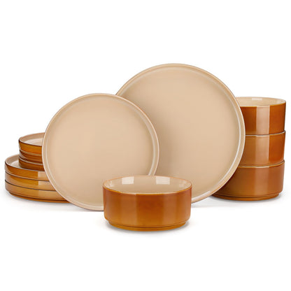 vancasso ONION Ceramic Dinnerware Sets, 12 Pieces Stoneware Plates and Bowls Sets for 4, Reactive Glaze Dishes Set for Kitchen, Dishwasher and Microwave Safe, Blue