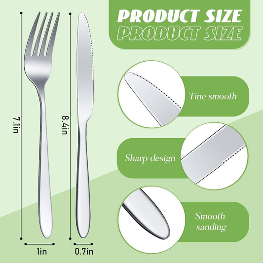 Nuenen 150 Pcs Stainless Steel Set 75 Dinner Forks and 75 Knives, Metal Steak Knives Forks Flatware Tableware Cutlery Set for Home Restaurant(Silver,8.4 x 0.7 Inch,7.1 x 1 Inches)