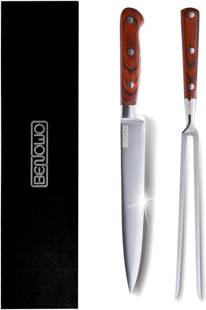 Benowo Carving Knife Set 2-Piece, 8-inch Turkey Carving Knife and Fork Set Stainless Steel Kitchen Knife for Steak, Hibachi Knife and Fork, BBQ Carving Fork with Gift Box – Designed in USA