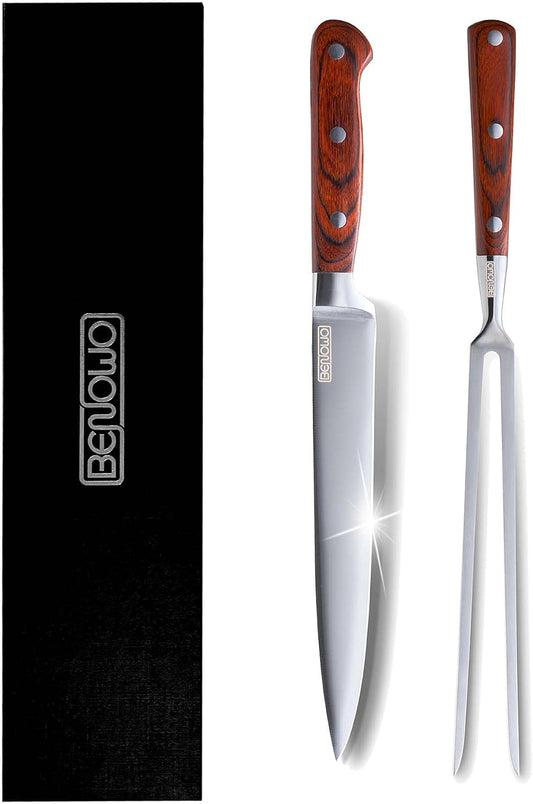 Benowo Carving Knife Set 2-Piece, 8-inch Turkey Carving Knife and Fork Set Stainless Steel Kitchen Knife for Steak, Hibachi Knife and Fork, BBQ Carving Fork with Gift Box – Designed in USA