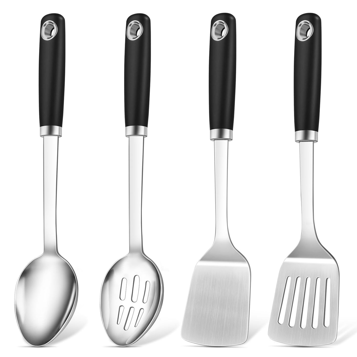 4 Pcs Cooking Utensils Set, Stainless Steel Kitchen Utensils, Heat Resistant Metal Kitchen Tools Include Solid & Slotted Turner Wok Spatula, Serving Spoon, Ergonomic Handle, Easy to Clean, Silver