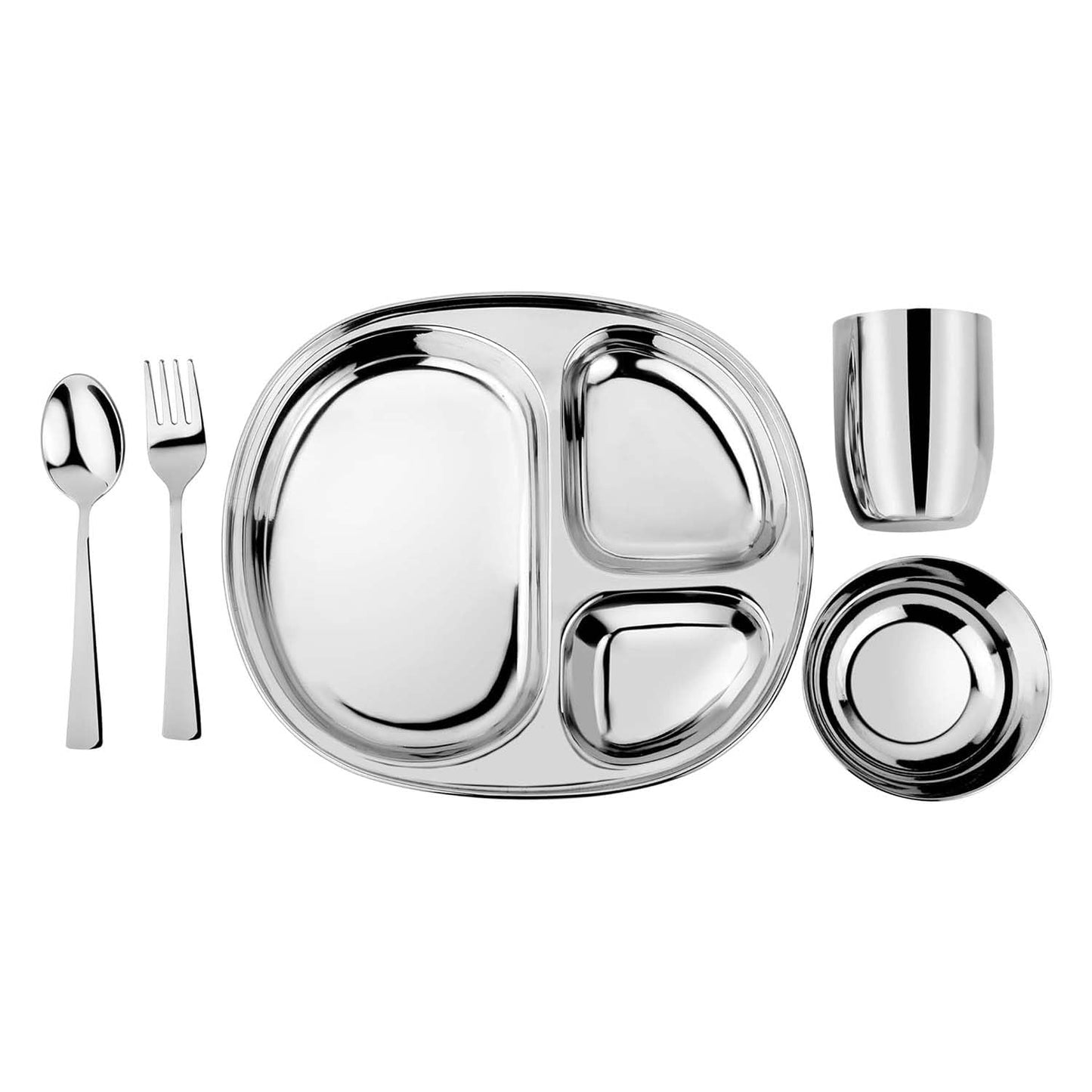 Ahimsa Stainless Steel Kids Dinnerware Set, Classic Stainless, 5-Piece Set | Includes Divided Plate, Cup, Bowl, Fork & Spoon, Pediatrician Designed Toddler Plates, Non-Toxic & BPA Free, Dishwasher Safe