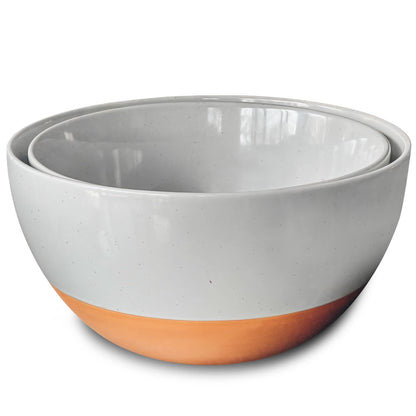 Mora Ceramic Large Mixing Bowls - Set of 2 Nesting Bowls for Cooking, Serving, Popcorn, Salad etc - Microwavable Kitchen Stoneware, Oven, Microwave and Dishwasher Safe - Extra Big 2.5 & 1.6 Qt - White