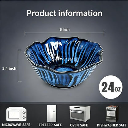 KOOV 24oz Deep Cereal Bowls Set of 4, Vintage Hand-Painted Porcelain Soup Bowls, Reactive Glaze Kitchen Bowls For Oatmeal, Fruit, Microwave And Dishwasher Safe, Pansy Series (Nebule Blue)