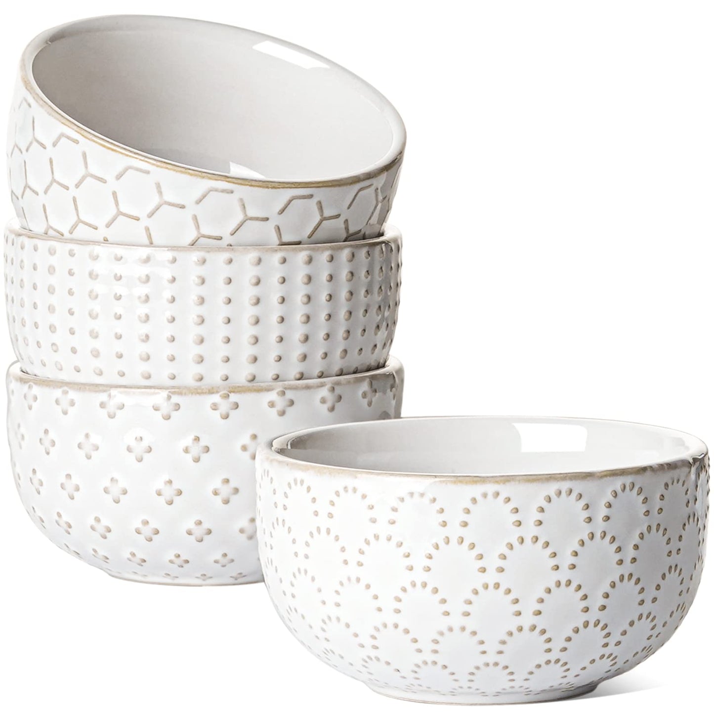 LE TAUCI Cereal bowls 26 oz, Ceramic Soup Bowl for Kitchen, Embossment Stoneware Bowl for Pho, Chip, Fruits, Salad, Noodle, Ramen, Suit For Housewarming - 6 Inch, Set of 4, Arctic white