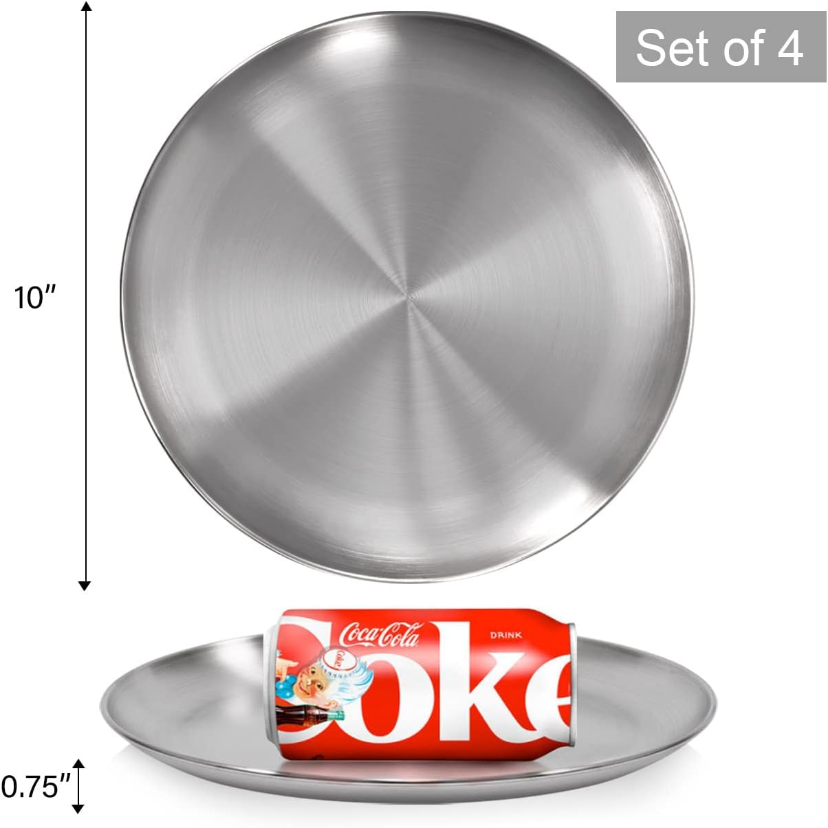 Sumerflos 304 (18/8) Stainless Steel Dinner Plates, 10" Round Salad Plates, Serving Plate for Home Kichten, Outdoor Camping, Snack, Pizza and BBQ - Set of 4